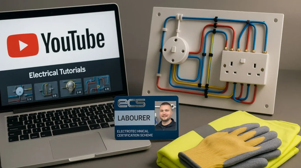 Electrical training setup with YouTube tutorials, an ECS Laboure card, wiring board, and safety gear