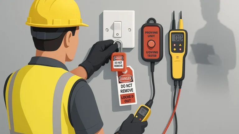 Electrician applying lockout tags during safe isolation using testing equipment