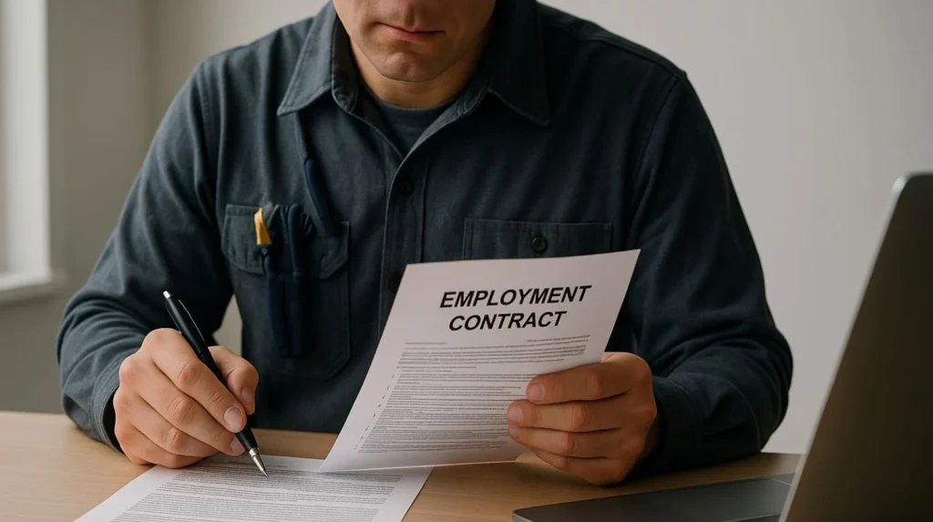 Electrician carefully reviewing employment contract documents representing importance of understanding JIB versus CIS pay structures