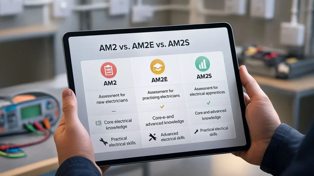 Electrician holding a tablet showing AM2, AM2E, and AM2S comparison in a UK assessment environment