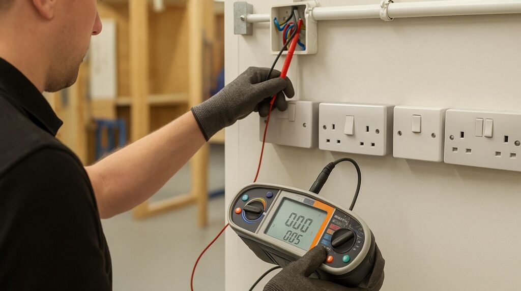Electrician using a multifunction tester to diagnose circuit faults during the AM2 fault-finding assessment, no face shown