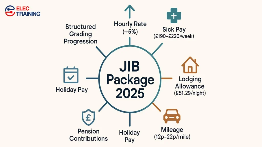 Infographic showing JIB employment package components including wages, sick pay, and benefits