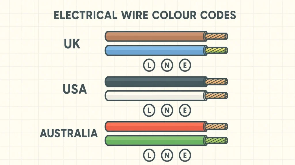 Infographic showing UK, USA, and Australia electrical wire colours with labelled L, N, and E wires.