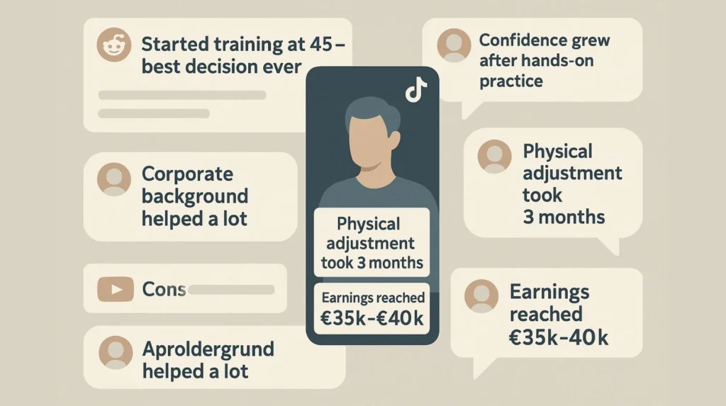 Infographic showing social proof from adults retraining as electricians at 40+, with quotes and social media