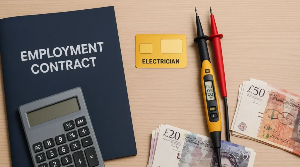 JIB employment card and contract versus cash money representing structured versus self-employed electrician pay models