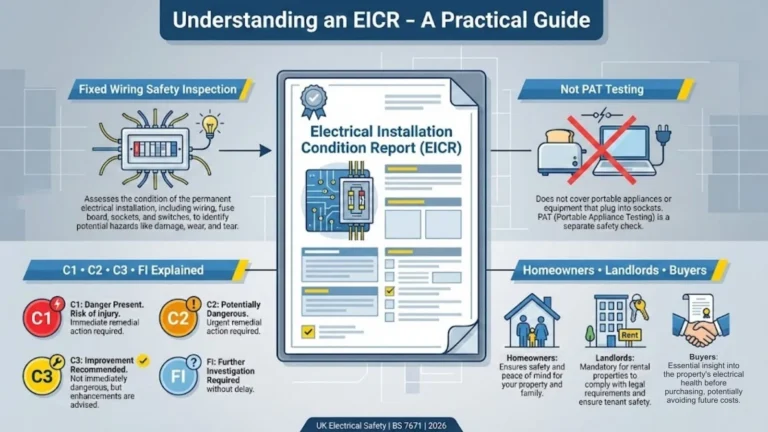 Overview graphic explaining what an EICR is and who it applies to.
