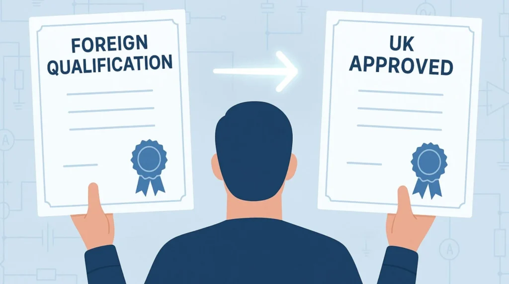 Person holding foreign and UK-approved certificates connected by a glowing arrow