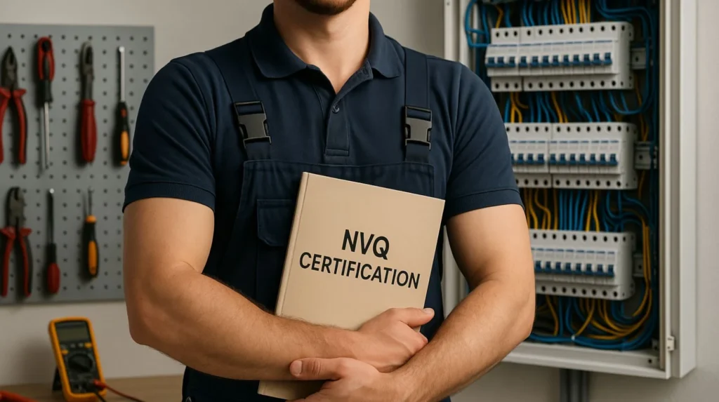 Qualified electrician after successful NVQ assessment completion representing positive outcome from proper preparation and competence verification