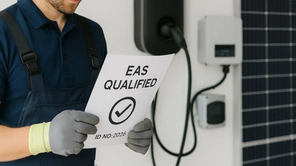 Qualified electrician prepared for EAS 2024 compliance with Level 3 low-carbon qualifications by October 2026