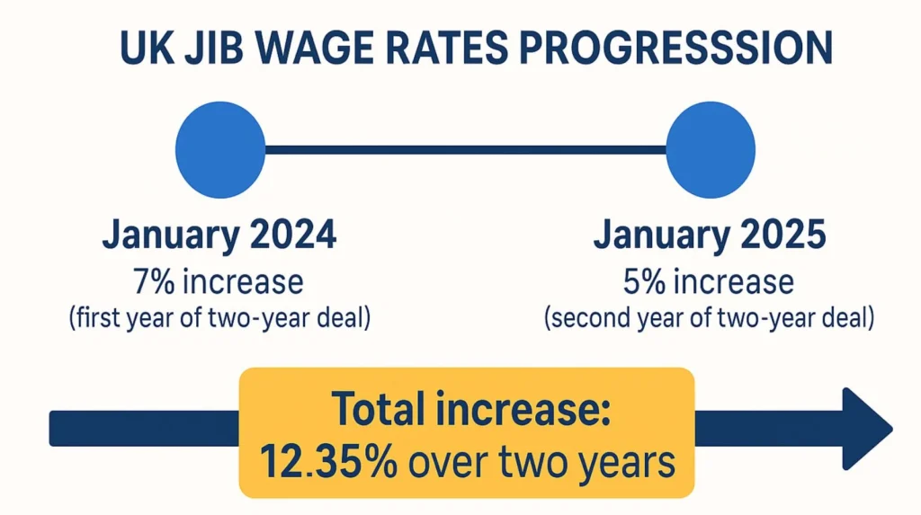 Timeline showing JIB pay increases in 2024 and 2025