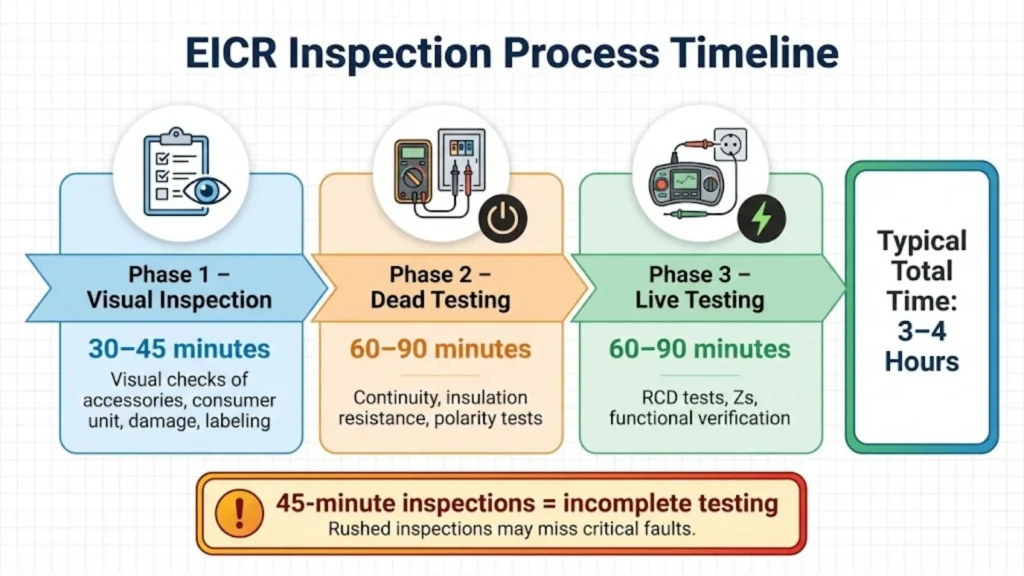 Timeline showing the three phases of an EICR inspection and typical time spent on each.