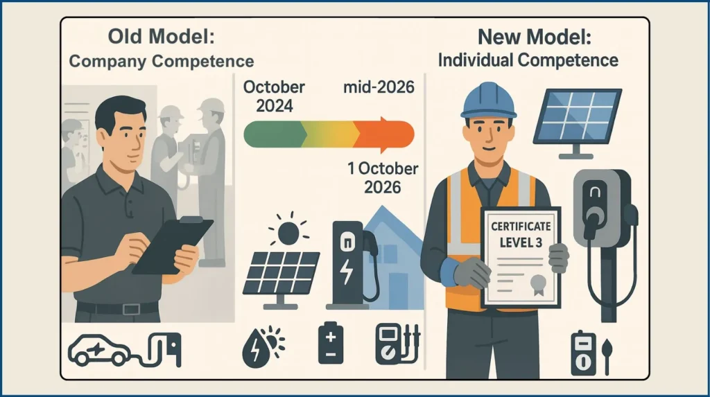 UK electrical competence infographic showing old company competence model, timeline from 2024 to 2026, and new individual Level 3 competence with EV charger and solar icons