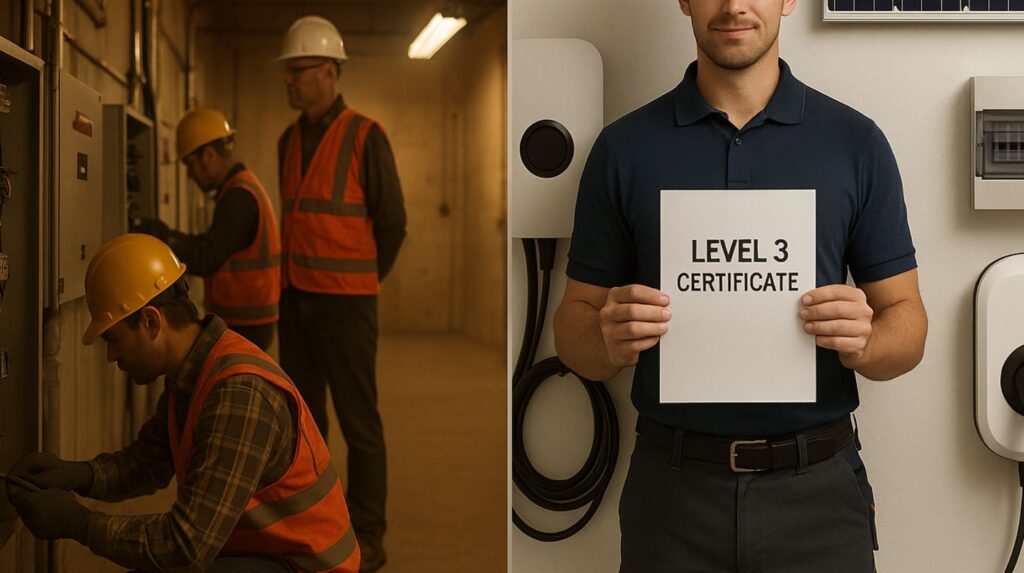 Electricians working in an industrial setting alongside a technician holding a Level 3 certificate.