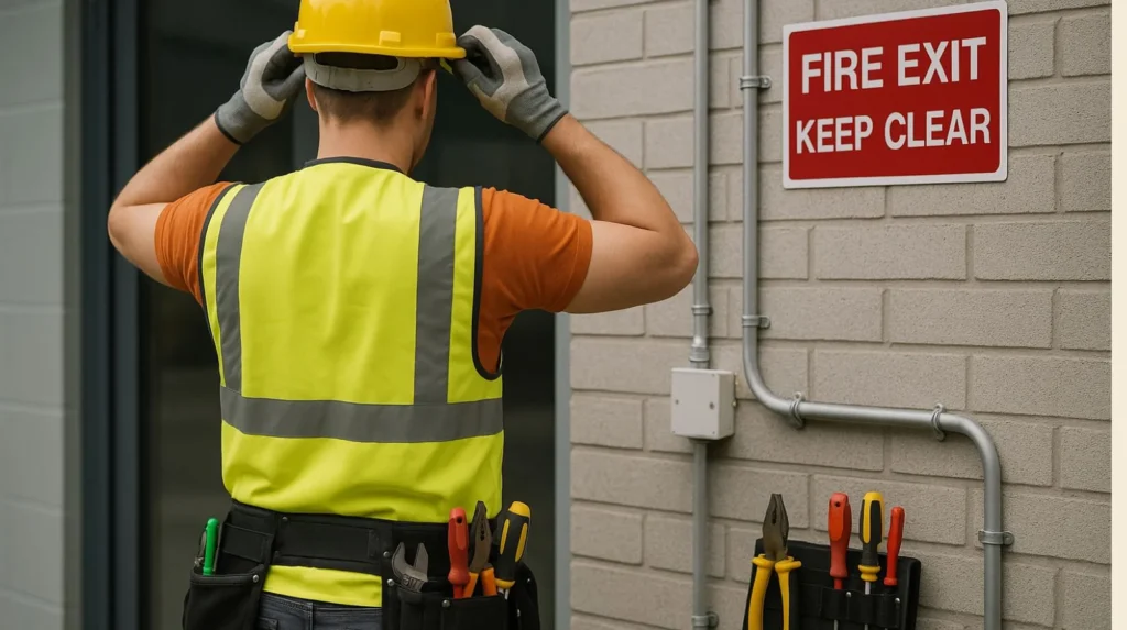 electrical improver adjusting his hard hat while wearing PPE, standing beside UK-spec metal conduit and tools outside a commercial building