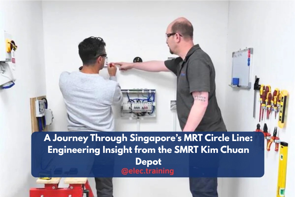 Instructor guiding a trainee while working on a wall-mounted electrical panel