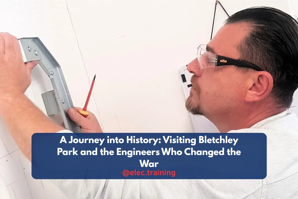 Electrician wearing safety glasses securing a metal fitting on a training wall