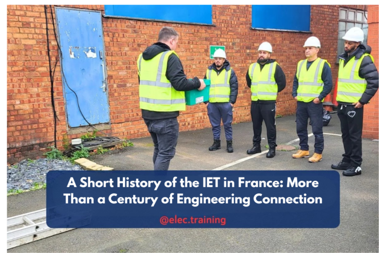 Group of trainees in high-visibility vests and hard hats listening to an instructor outdoors