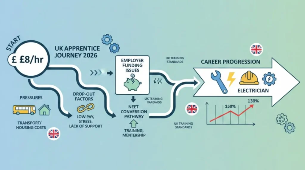 A flow-style infographic illustrating the 2026 UK apprentice journey.