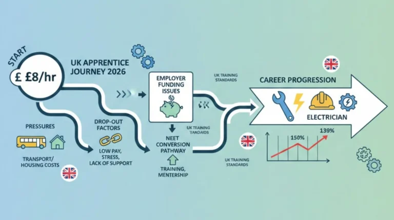 A flow-style infographic illustrating the 2026 UK apprentice journey.