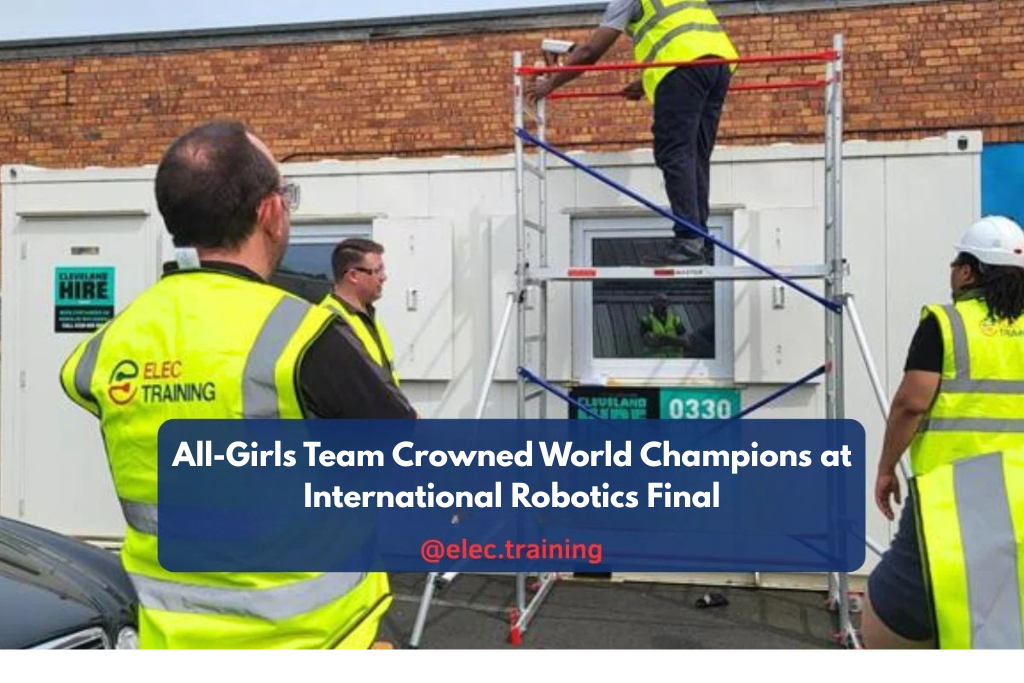 People in high-visibility vests observing a scaffolding setup outside a training site.