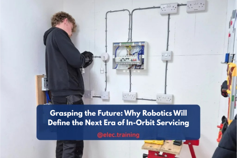 Trainee electrician working on a consumer unit and wiring on a training wall