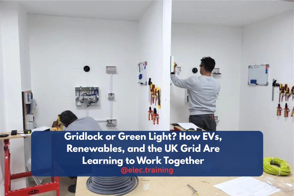 Trainee electricians working on separate wall-mounted electrical practice setups in a workshop