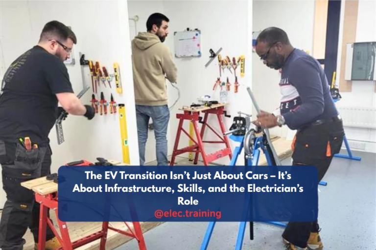 Trainee electricians working with tools and conduit in a practical training room