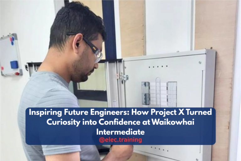 Person inspecting an electrical distribution board in a workshop setting
