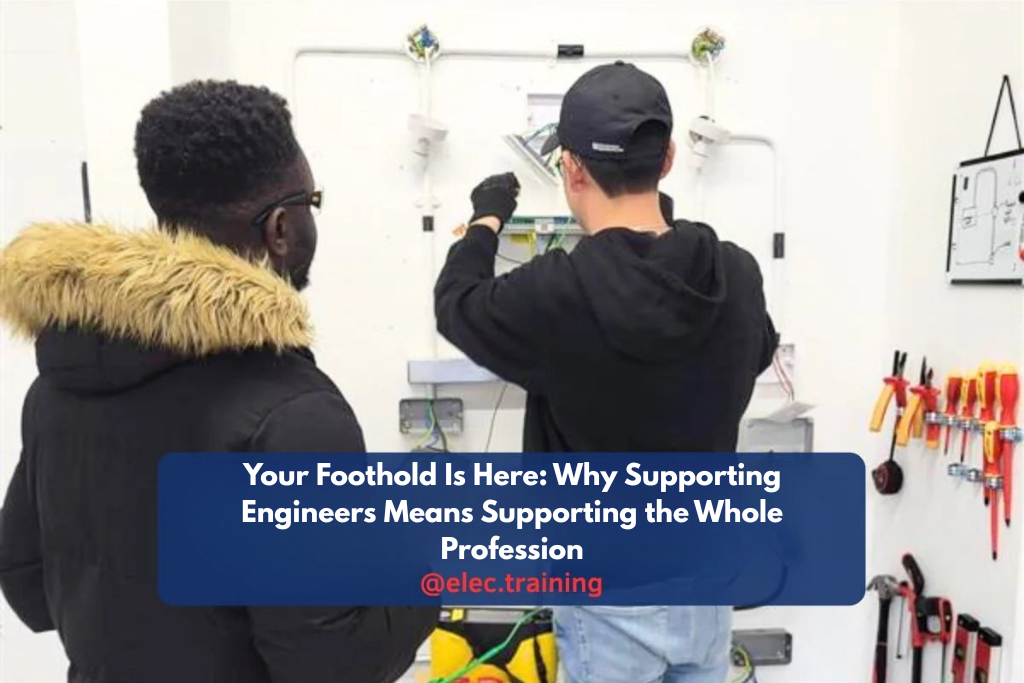 Two electricians examining an electrical panel installation on a training wall