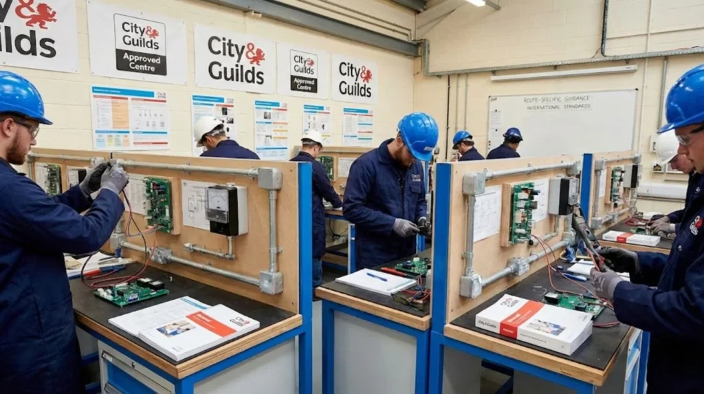 Adult learners completing hands-on electrical training at individual workstations in a City & Guilds–approved workshop.