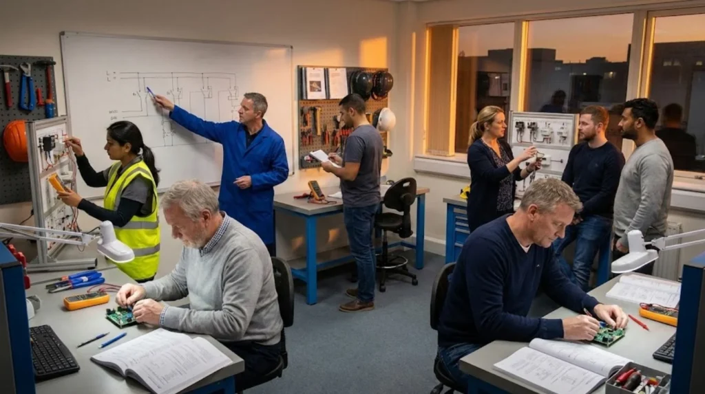 Adult learners in evening electrical training class working on practice installations demonstrating feasibility of part-time knowledge qualification study