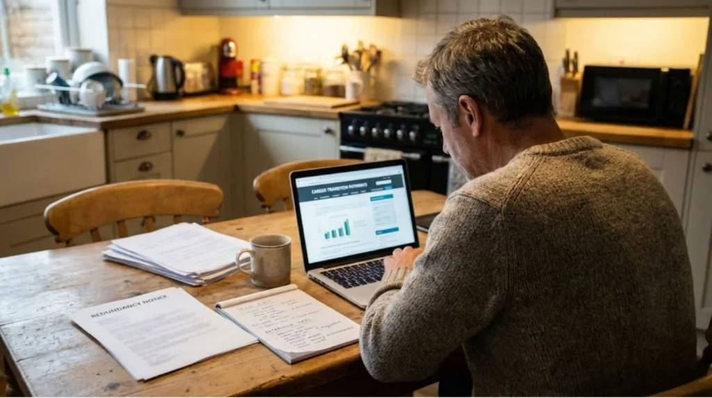 Adult researching trade retraining options after redundancy showing career decision-making under financial pressure