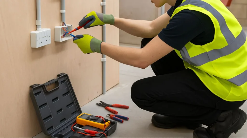Apprentice electrician in training environment learning electrical installation work