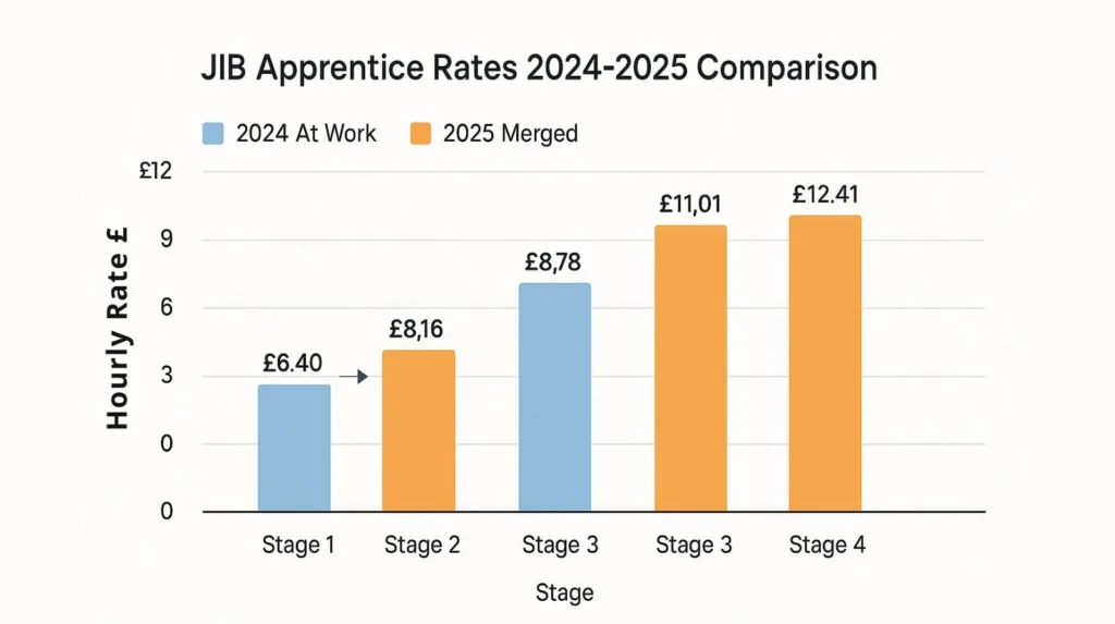 Bar chart comparing JIB apprentice rates 2024 At Work vs 2025 merged rates across all four stages