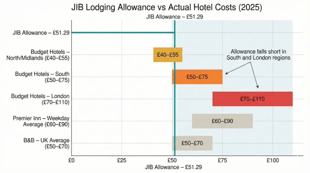 Bar chart comparing JIB lodging allowance of £51.29 per night to actual hotel costs ranging from £40-£55 in North/Midlands to £70-£110 in London showing significant shortfalls in high-cost areas