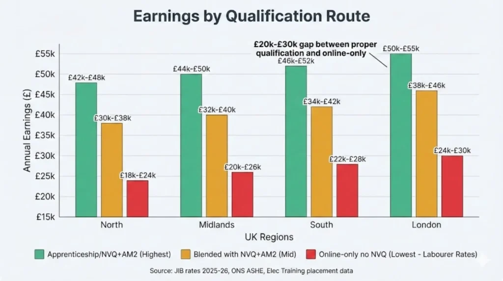 Bar chart comparing electrician earnings across UK regions for properly qualified routes versus online-only training without NVQ