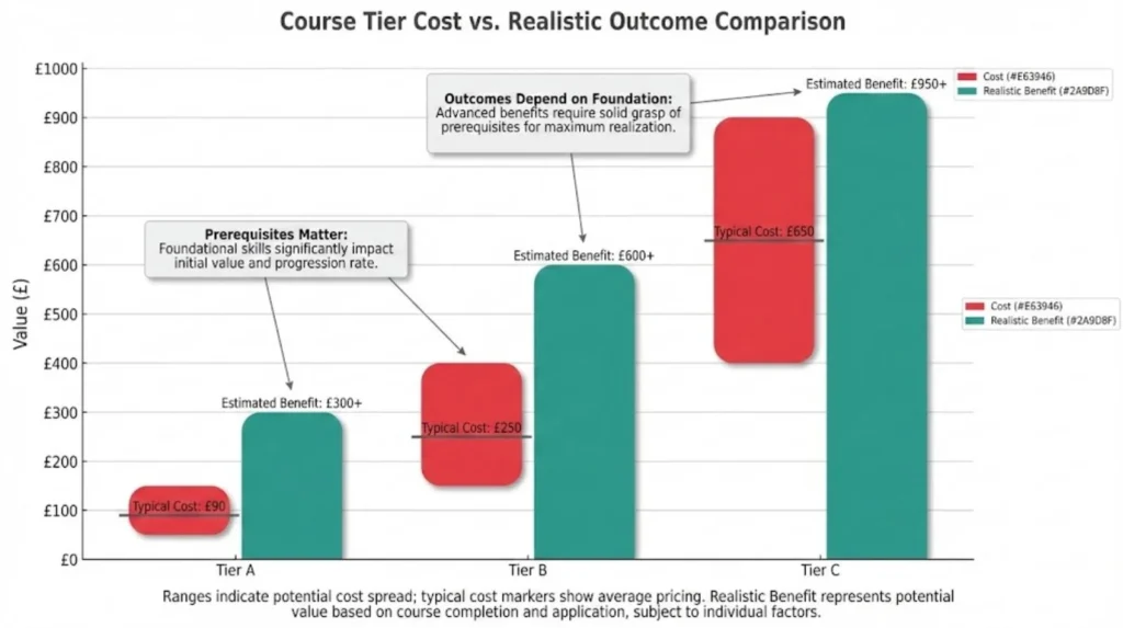 Bar chart comparing training course costs with realistic skill and value outcomes across tiers.