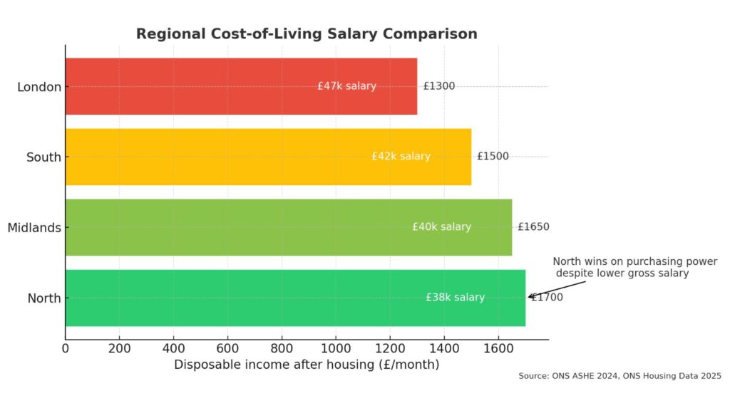 Bar chart showing Northern electricians have highest disposable income after housing costs despite lower gross salaries