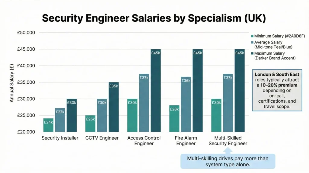 Bar chart showing UK security engineer salaries by specialism.