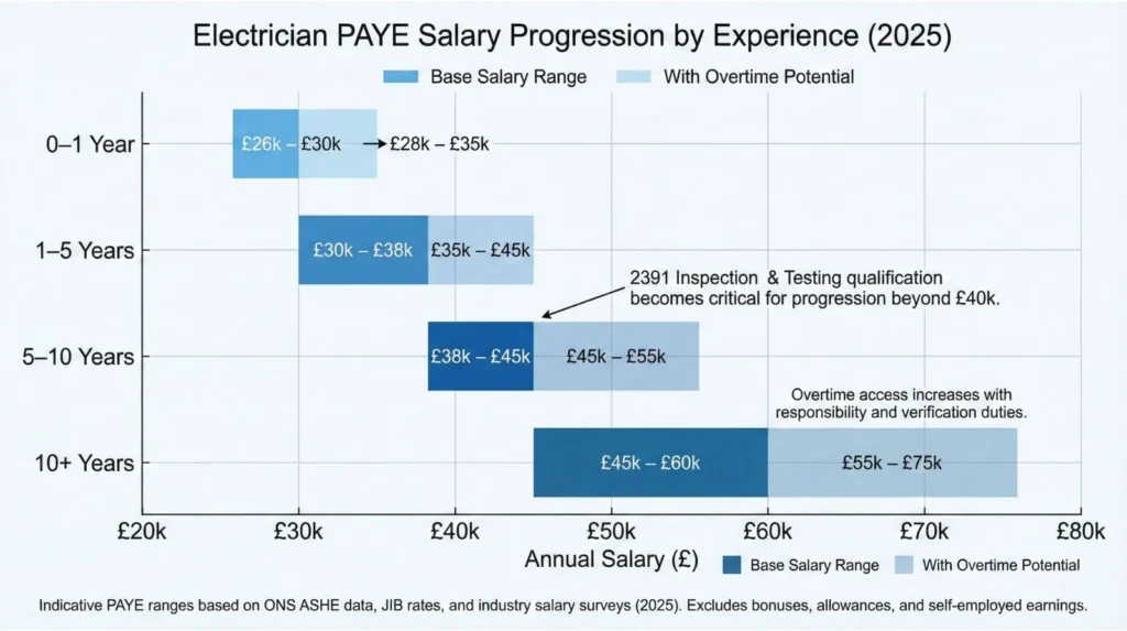 Bar chart showing electrician PAYE salary progression from £26k-£30k (newly qualified) to £45k-£60k+ (10+ years) with overtime potential adding 10-40_ at each band