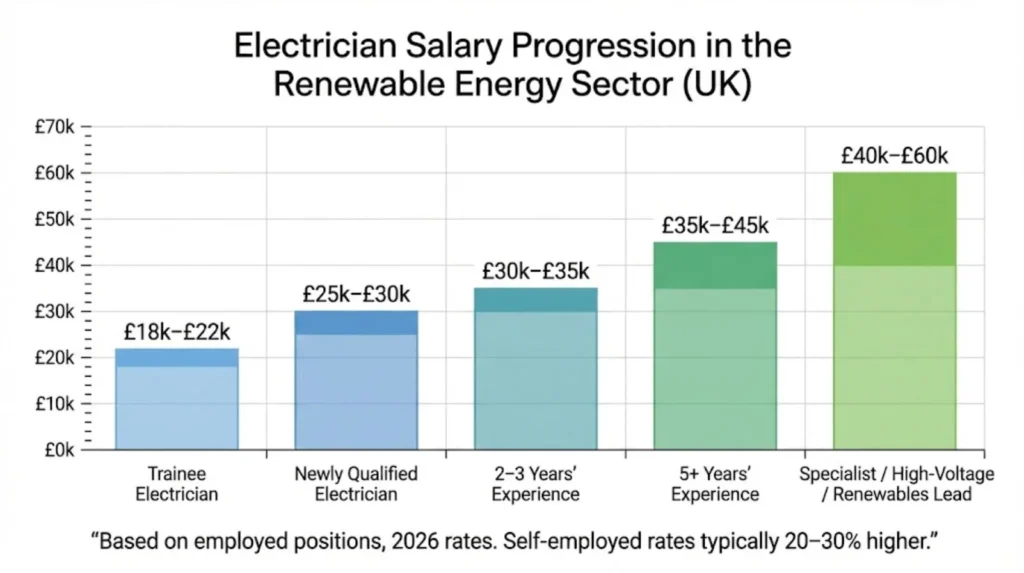 Bar chart showing electrician salary progression in renewable energy sector from trainee to specialist level