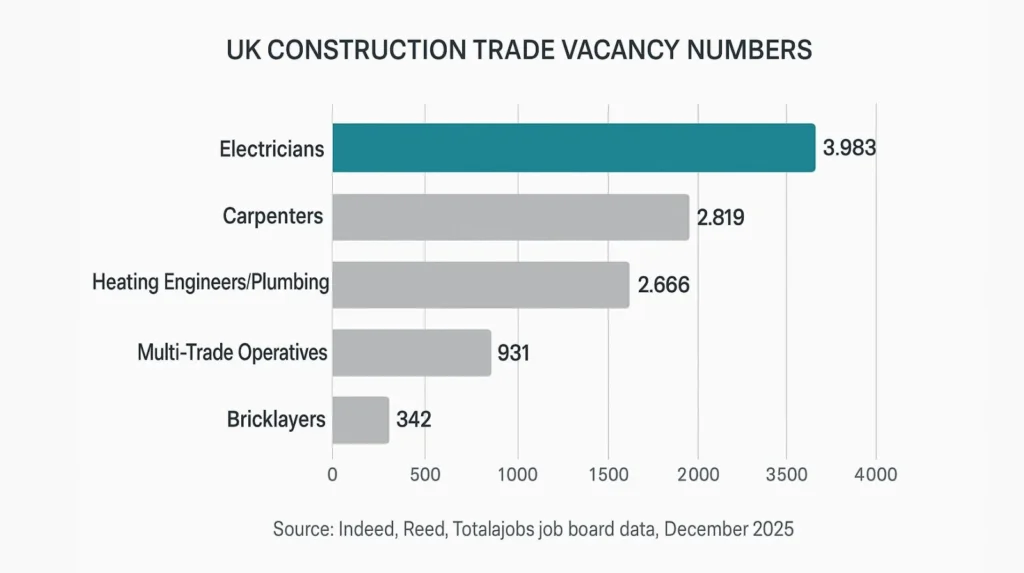 Bar chart showing electrician vacancies (3,983) far exceed carpenters (2,819), heating engineers (2,666), multi-trade operatives (931), and bricklayers (342)