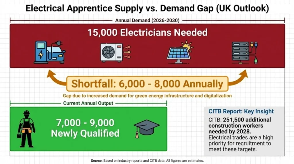 Bar comparison diagram showing UK electrical industry needs 15,000 new electricians