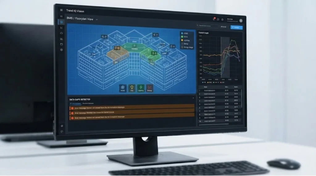 Building Management System dashboard displaying a floorplan view, system status, and performance trends on a monitor.