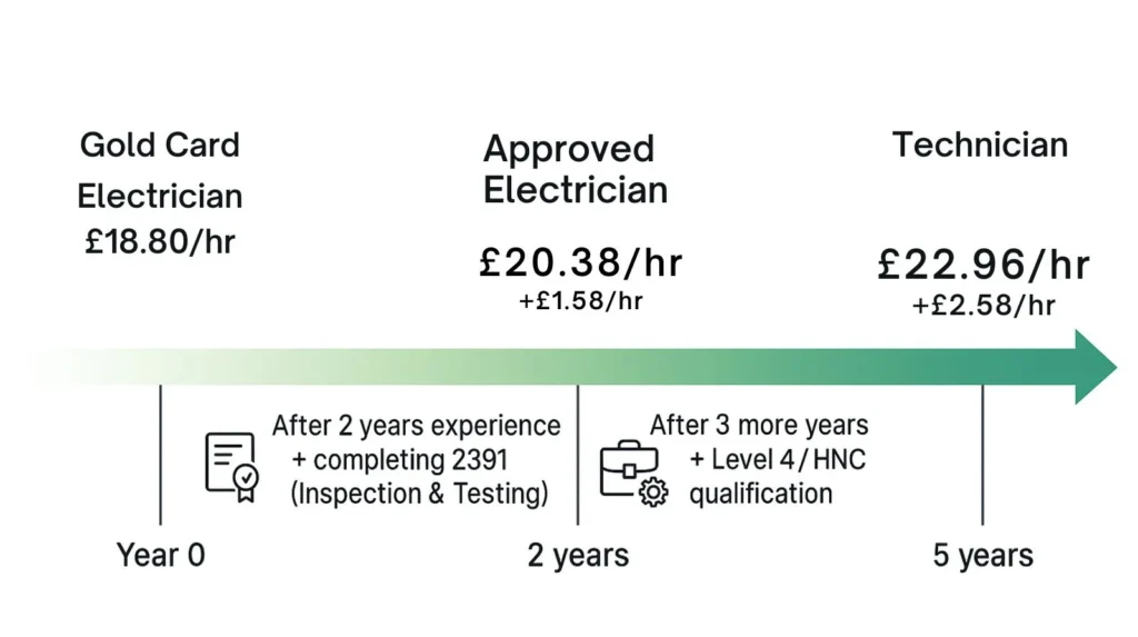 Career progression timeline from Electrician to Approved to Technician showing pay increases and qualification requirements-1
