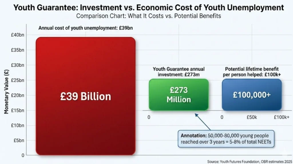 Chart comparing £820m Youth Guarantee investment against £39bn annual cost of youth unemployment