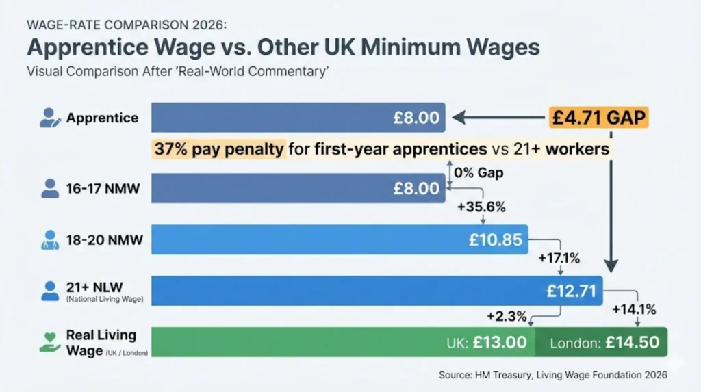 Chart comparing UK wage rates 2026 apprentice £8, NMW £10.85, NLW £12.71, Real Living Wage £13-£14.50