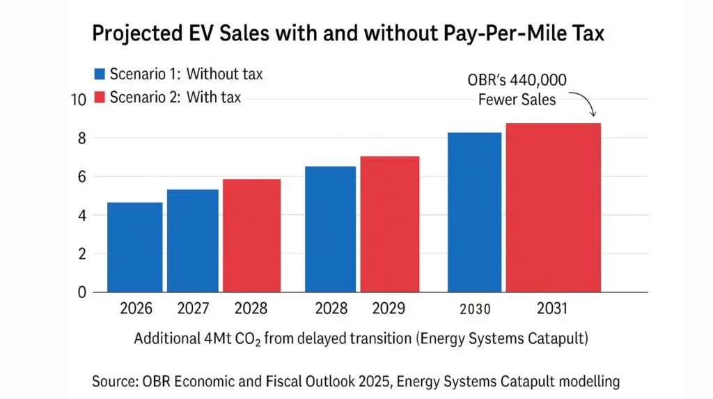 Chart comparing projected EV sales with and without pay-per-mile tax showing 440,000 reduction and 4 million tonne CO2 impact