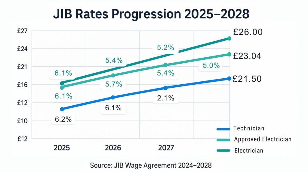 Chart showing JIB pay rate progression for Electrician, Approved Electrician, and Technician grades 2025 to 2028