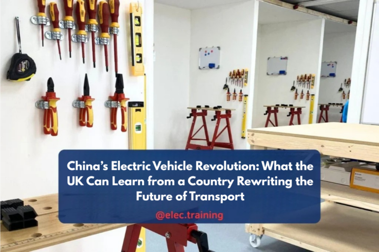 An electrical training workshop featuring wall-mounted tools and multiple organized workbenches